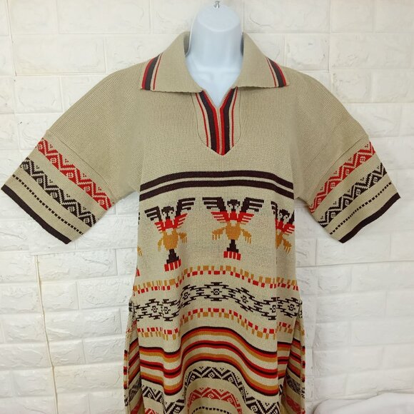 Vintage 70s-80s Aztec Southwestern Sweater Tunic Collar SSL Slits Fringe -10/12 - Picture 2 of 11